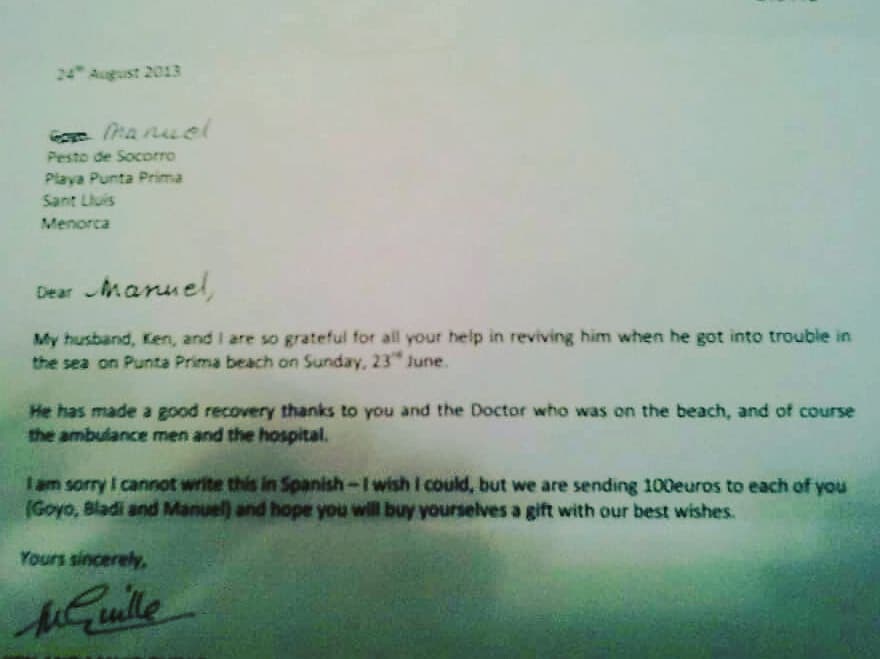 Carta de agradecimiento de un bañista de nacionalidad Británica tras una parada cardiorespiratoria